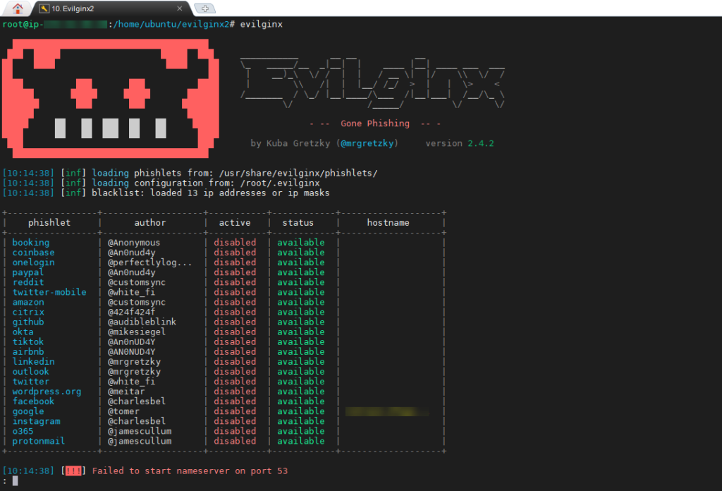 Evilginx first run output