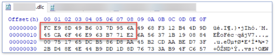 If we look at the original encrypted file in a hex editor, we can see that the second pointer references the memory address in which the encrypted file content is written. 